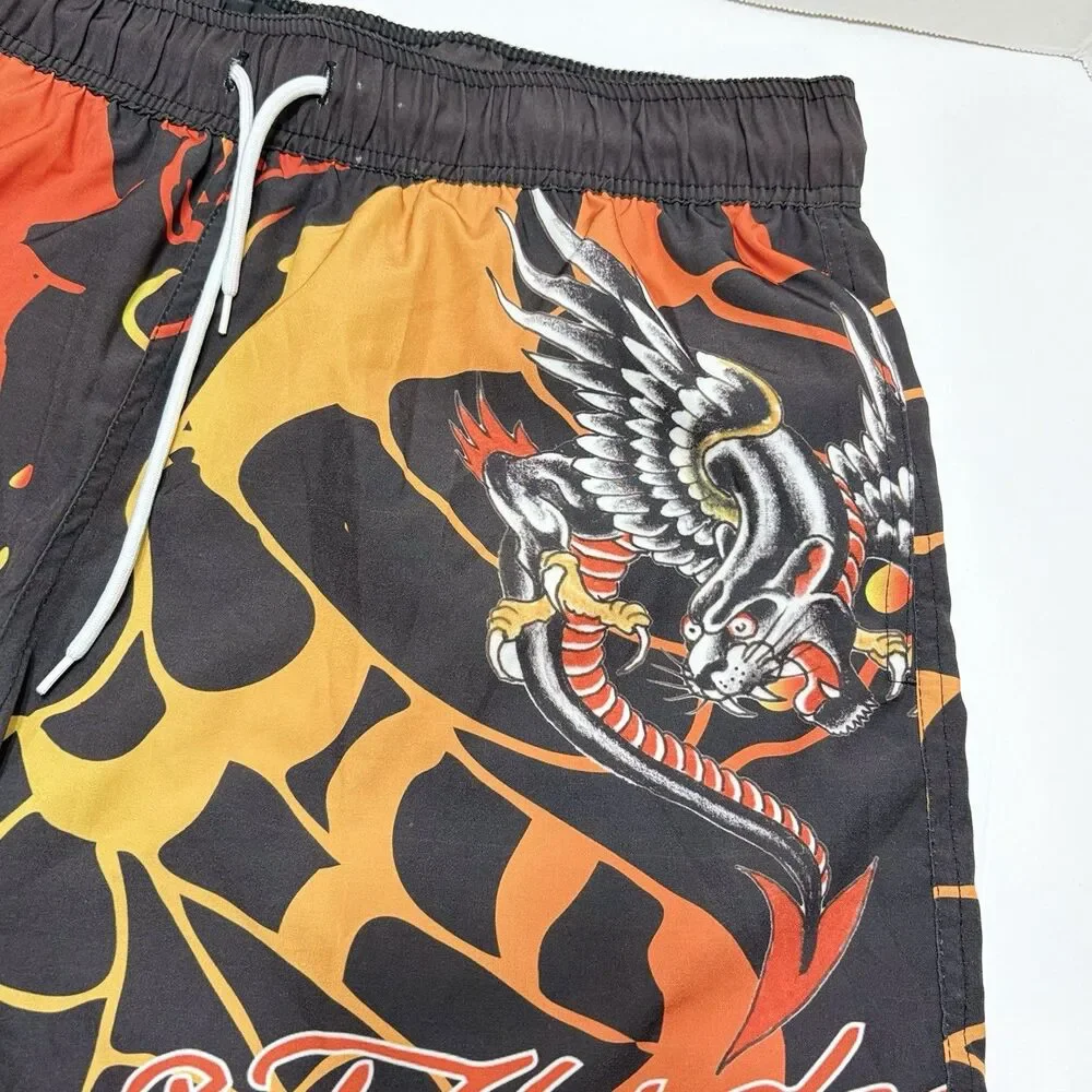 Ed Hardy Panther Swim Trunks Shorts Men's L Black 5” Inseam Nova Men